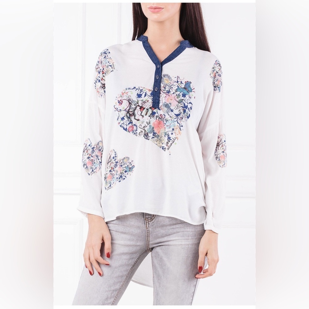 Desigual White Henley with Navy Trim and Floral Heart Prints Blouse Size S